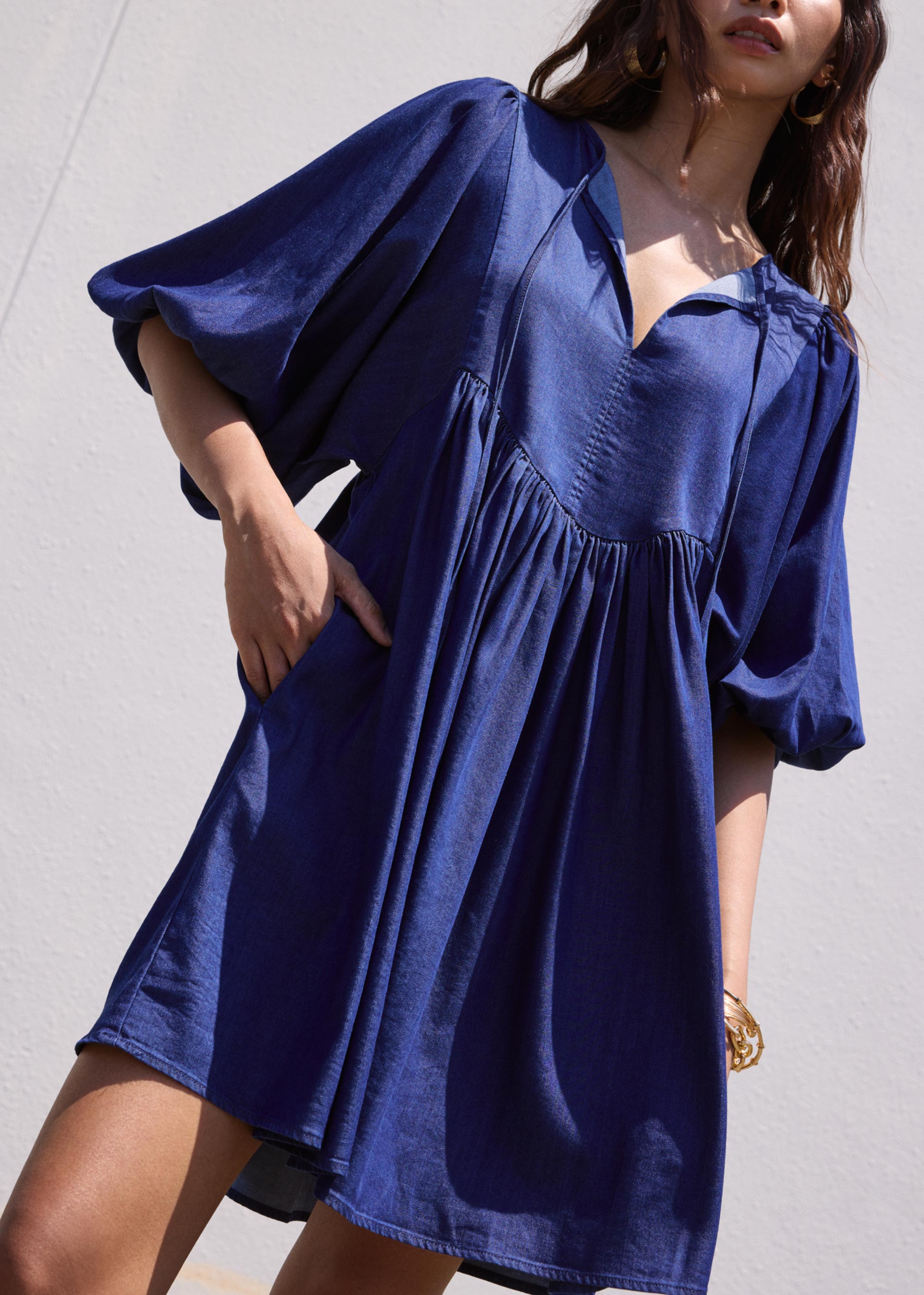 

Chambray Puff Sleeve Babydoll Swing Mini Dress