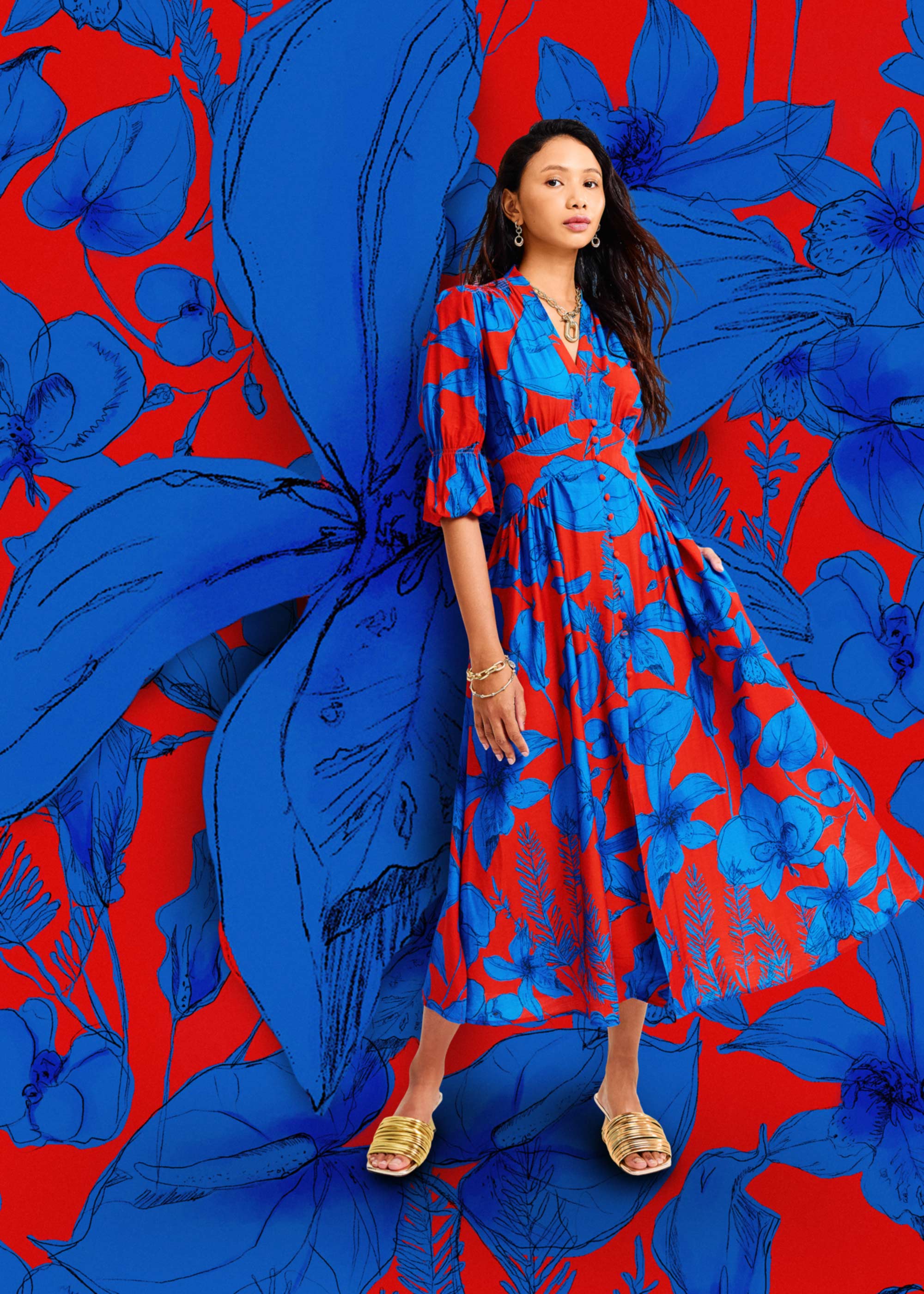 

V-neck Puff Sleeve Fit & Flare Midaxi Dress in Garden City Blooms