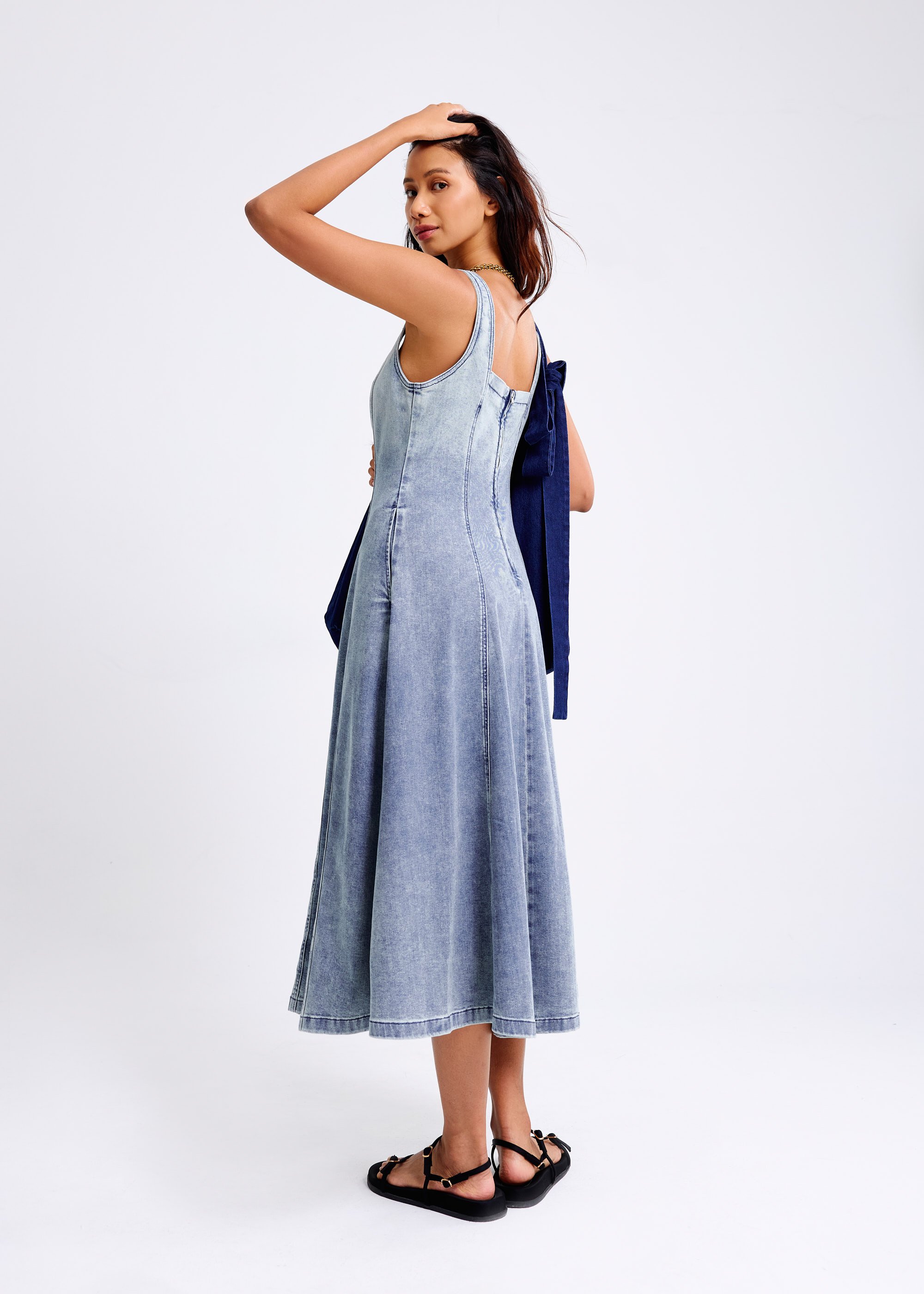 

Denim Panelled Sweetheart Midi Dress