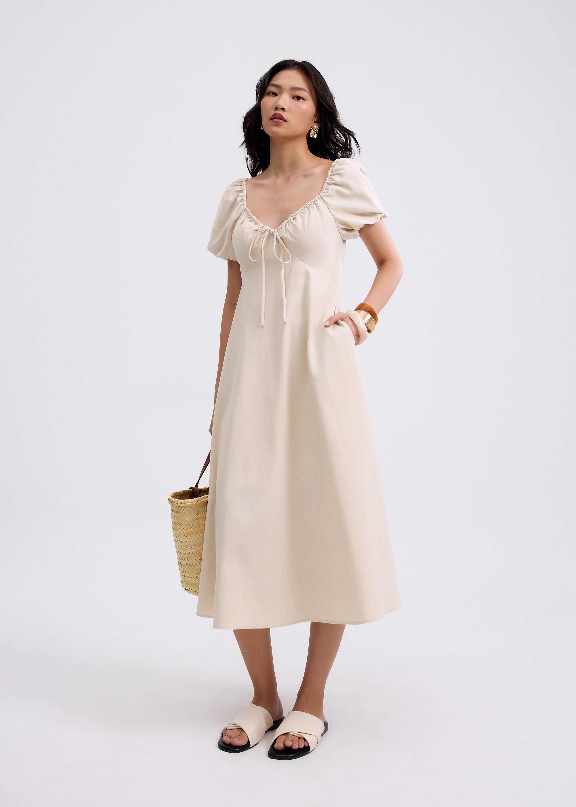 

Padded Linen Sweetheart Puff Sleeve Midaxi Dress