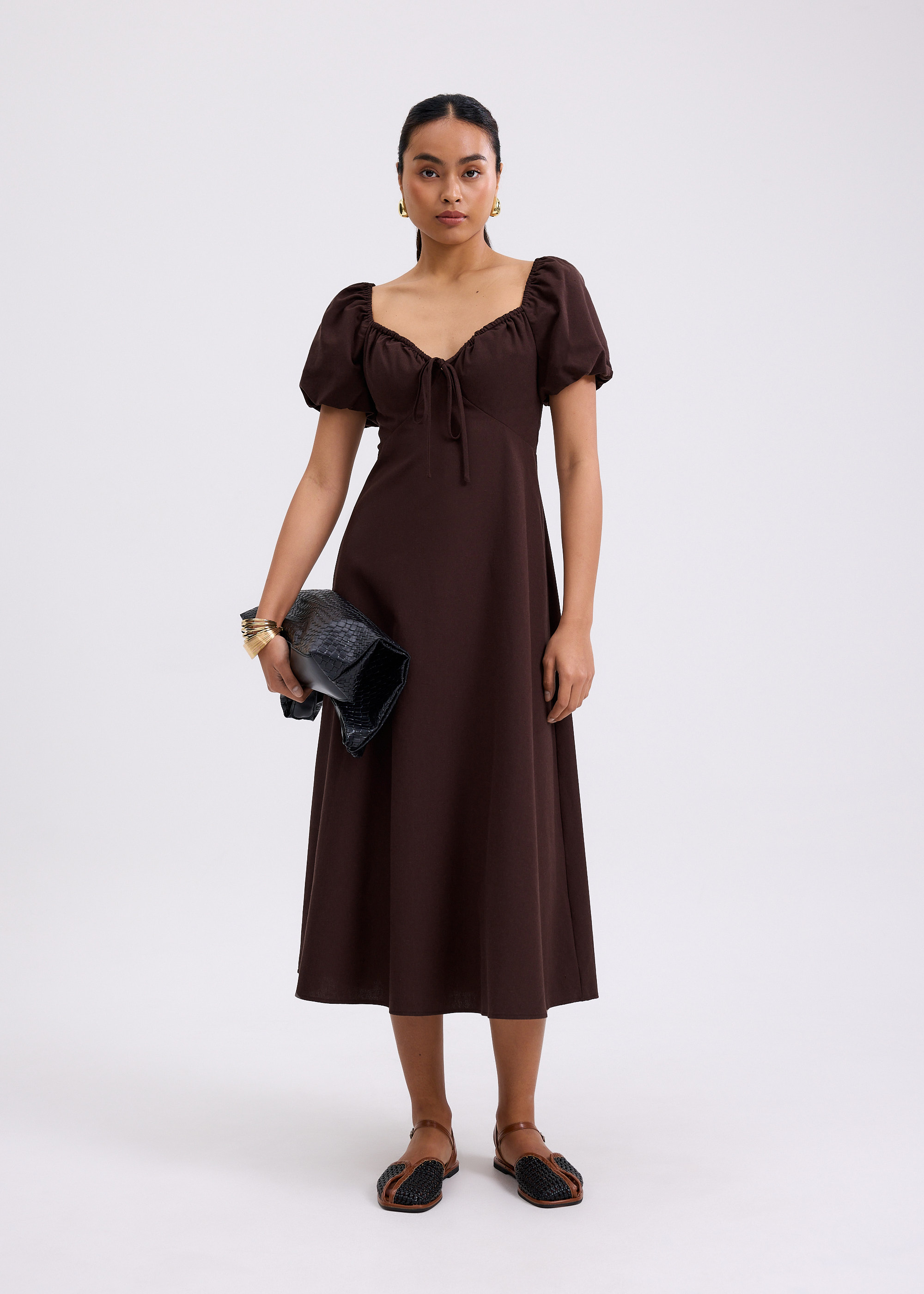 

Padded Linen Sweetheart Puff Sleeve Midaxi Dress