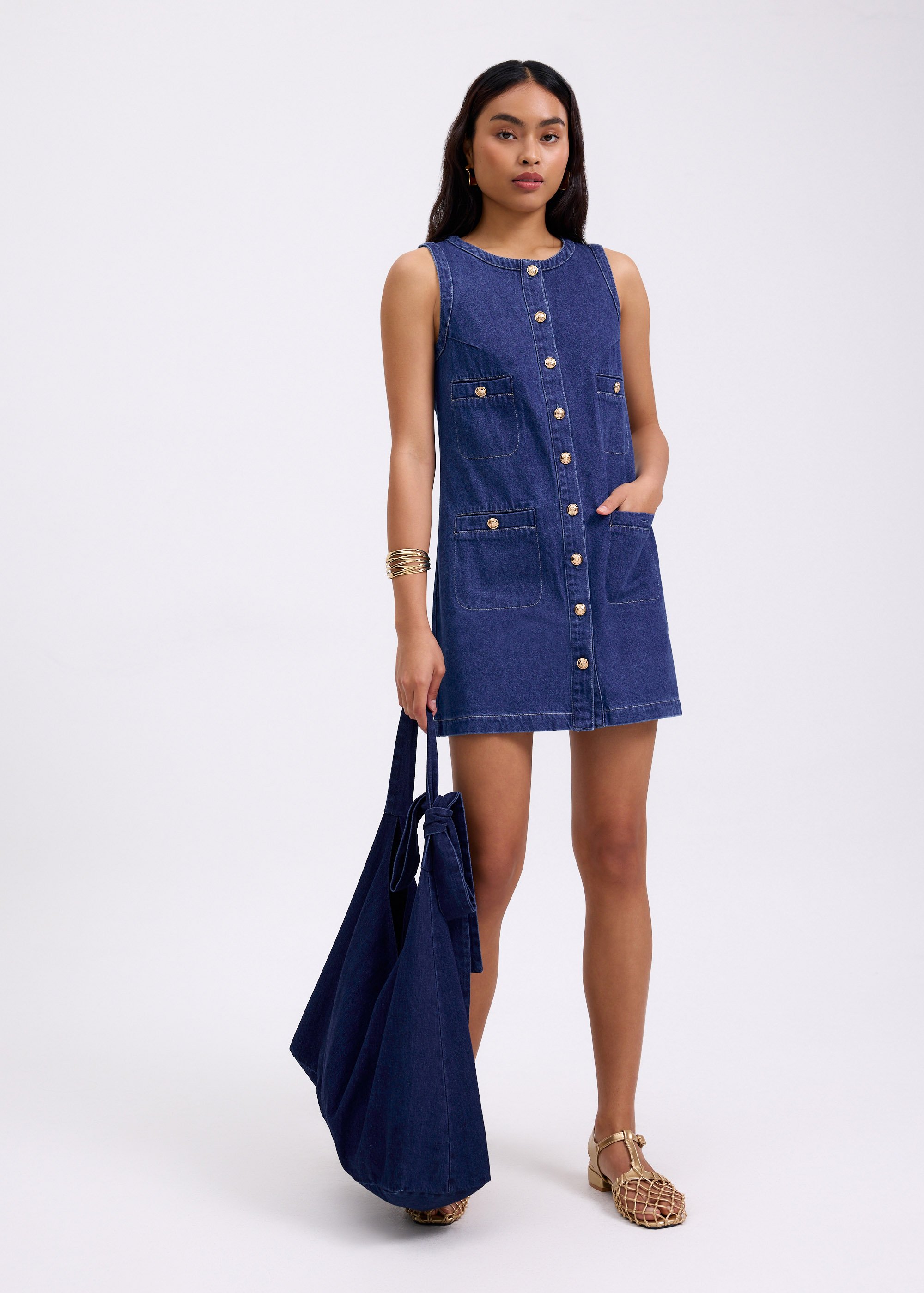

Denim Round Neck Shift Mini Dress