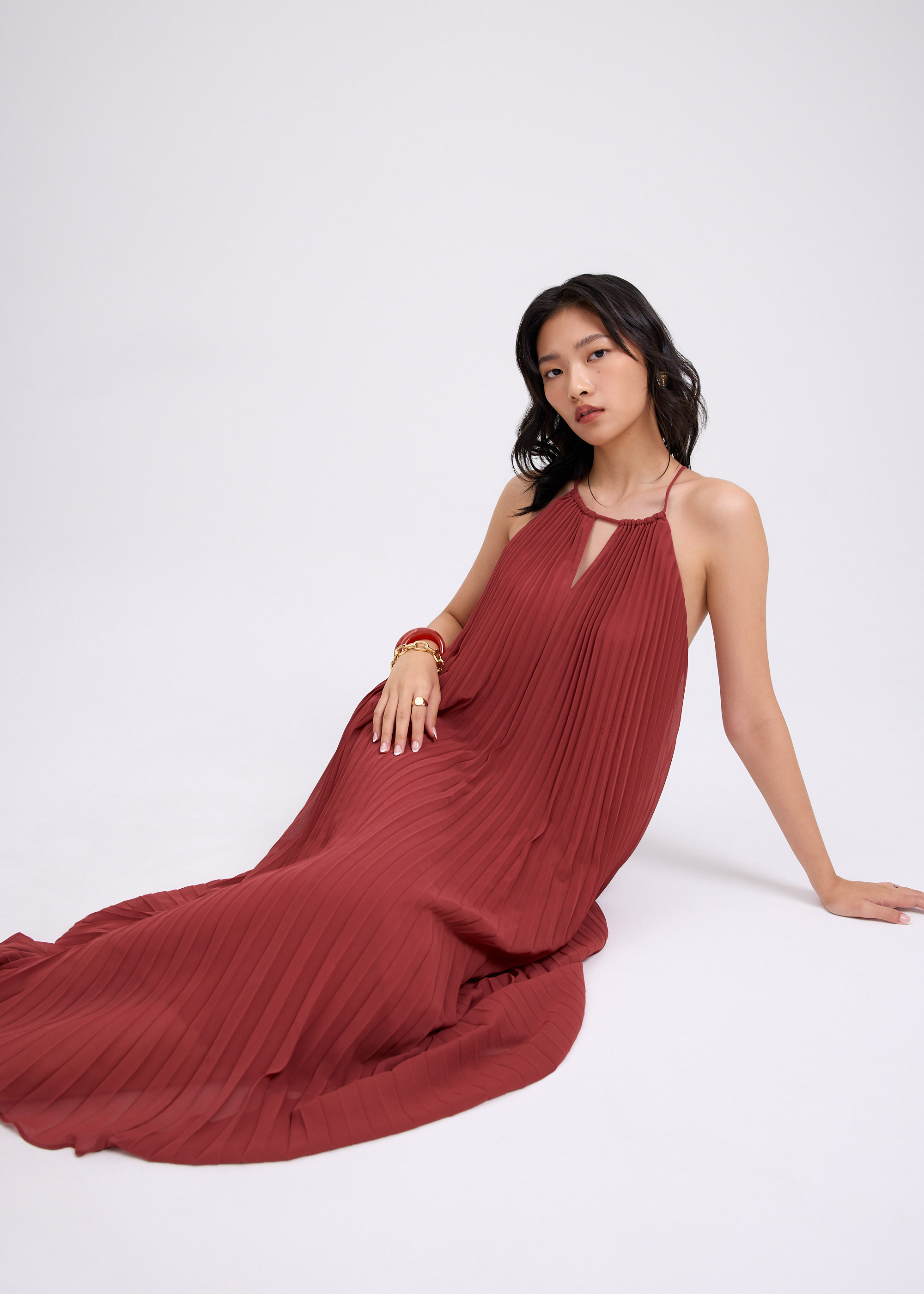 

Pleated Trapeze Halter Midaxi Dress
