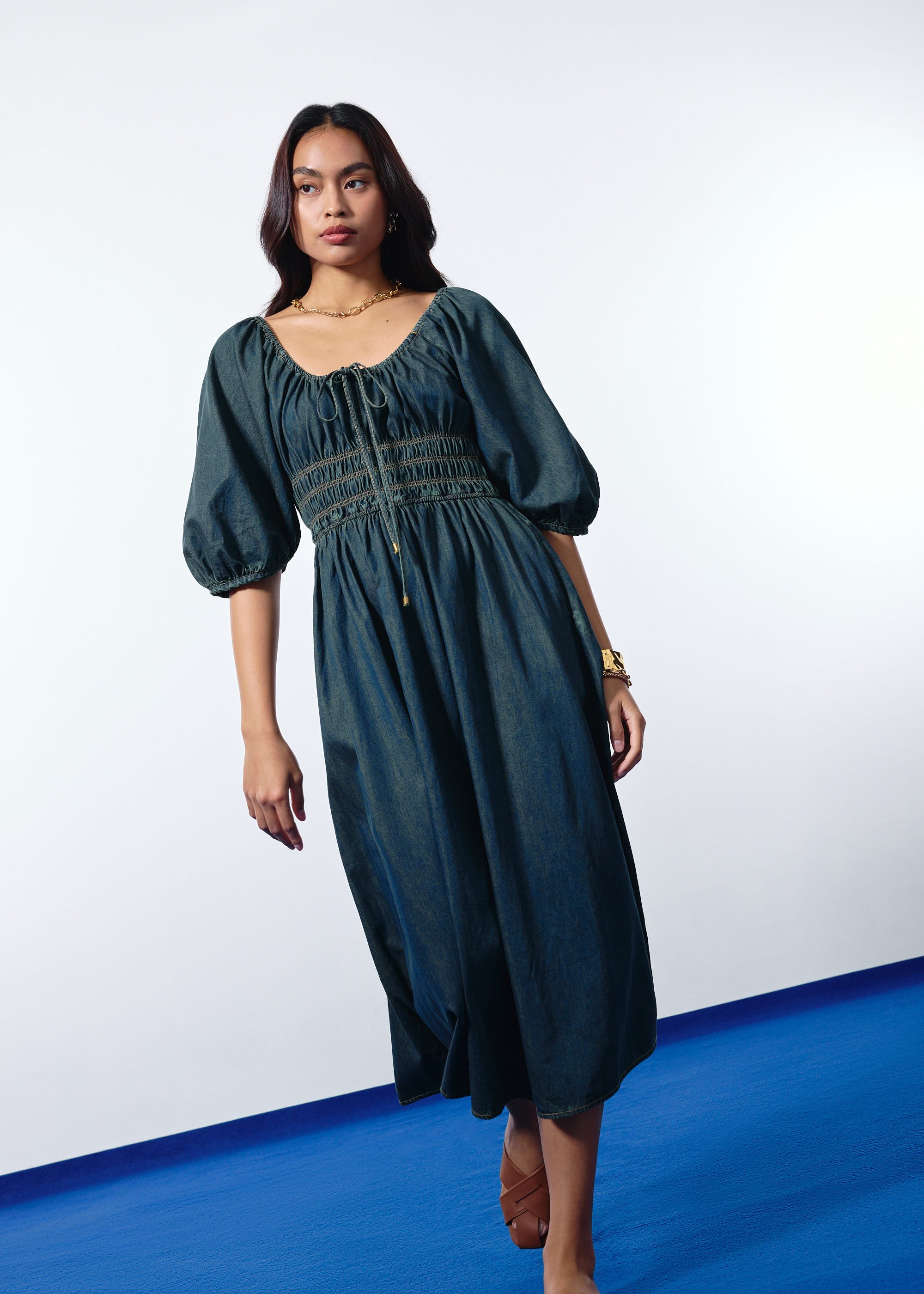 

Ruched Vintage Wash Denim Fit & Flare Midaxi Dress