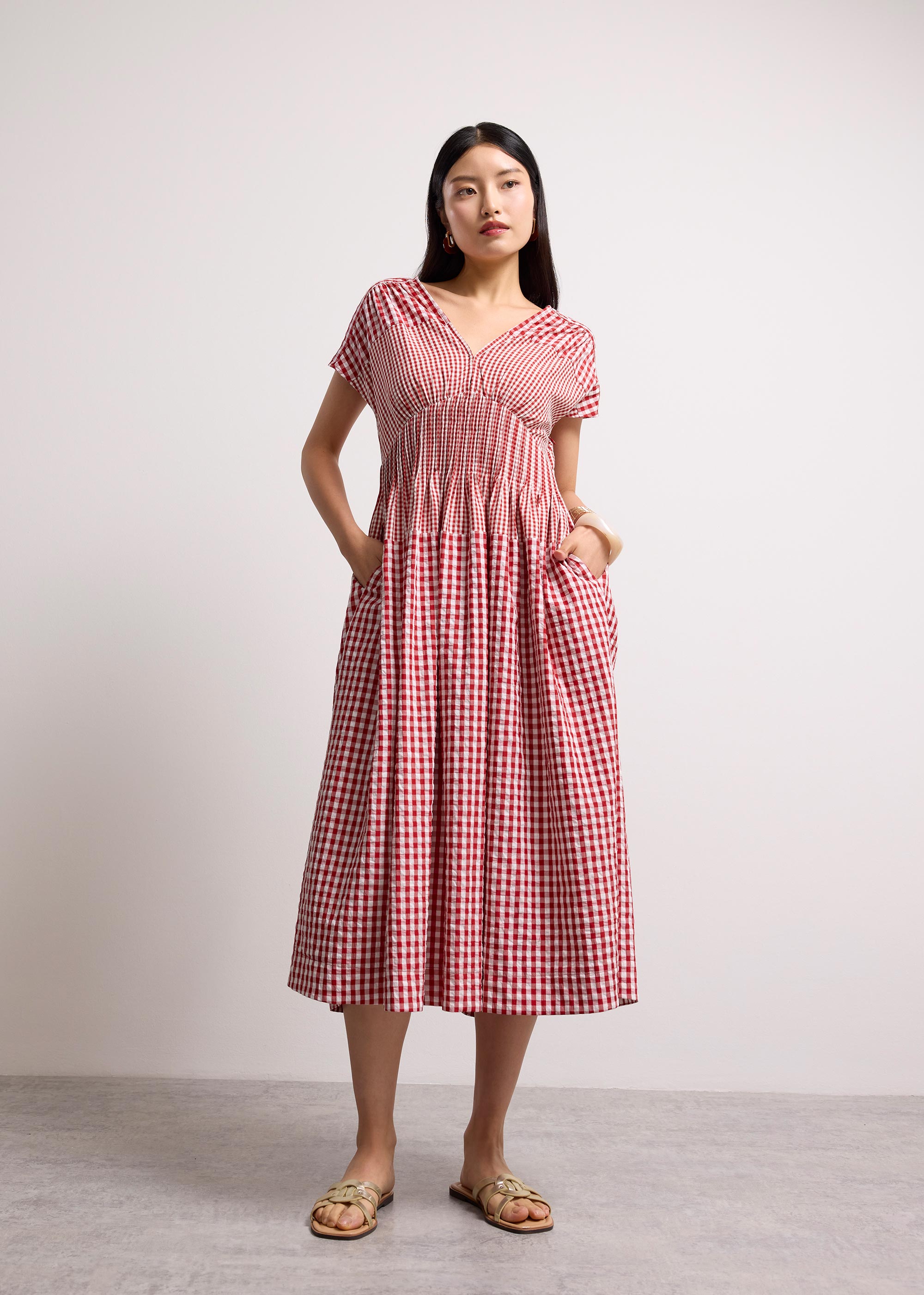 

Gingham Seersucker V-neck Cap Sleeve Fit & Flare Midaxi Dress Love, Bonito