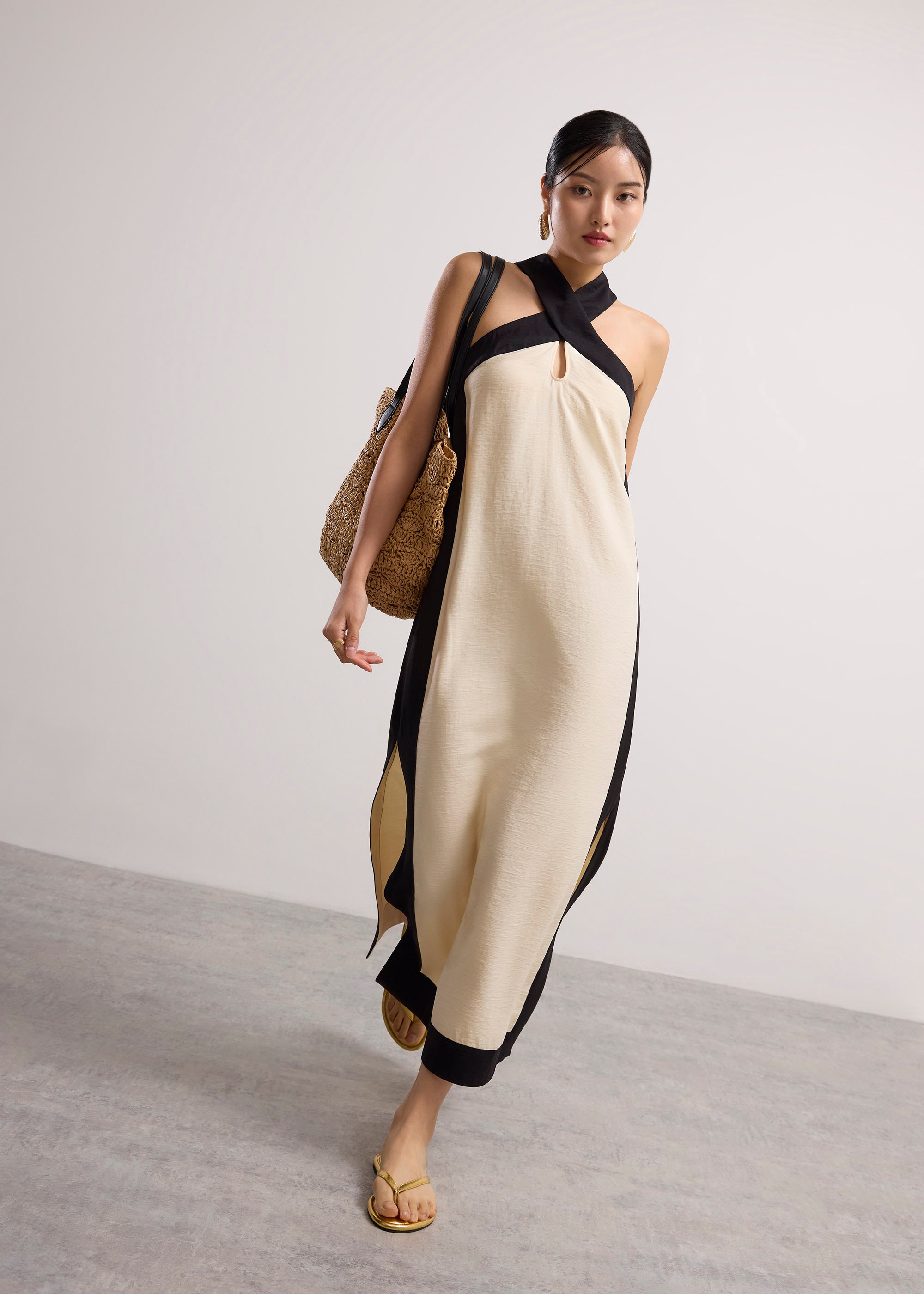 

Contrast Trim Halter Neck Column Maxi Dress Love, Bonito