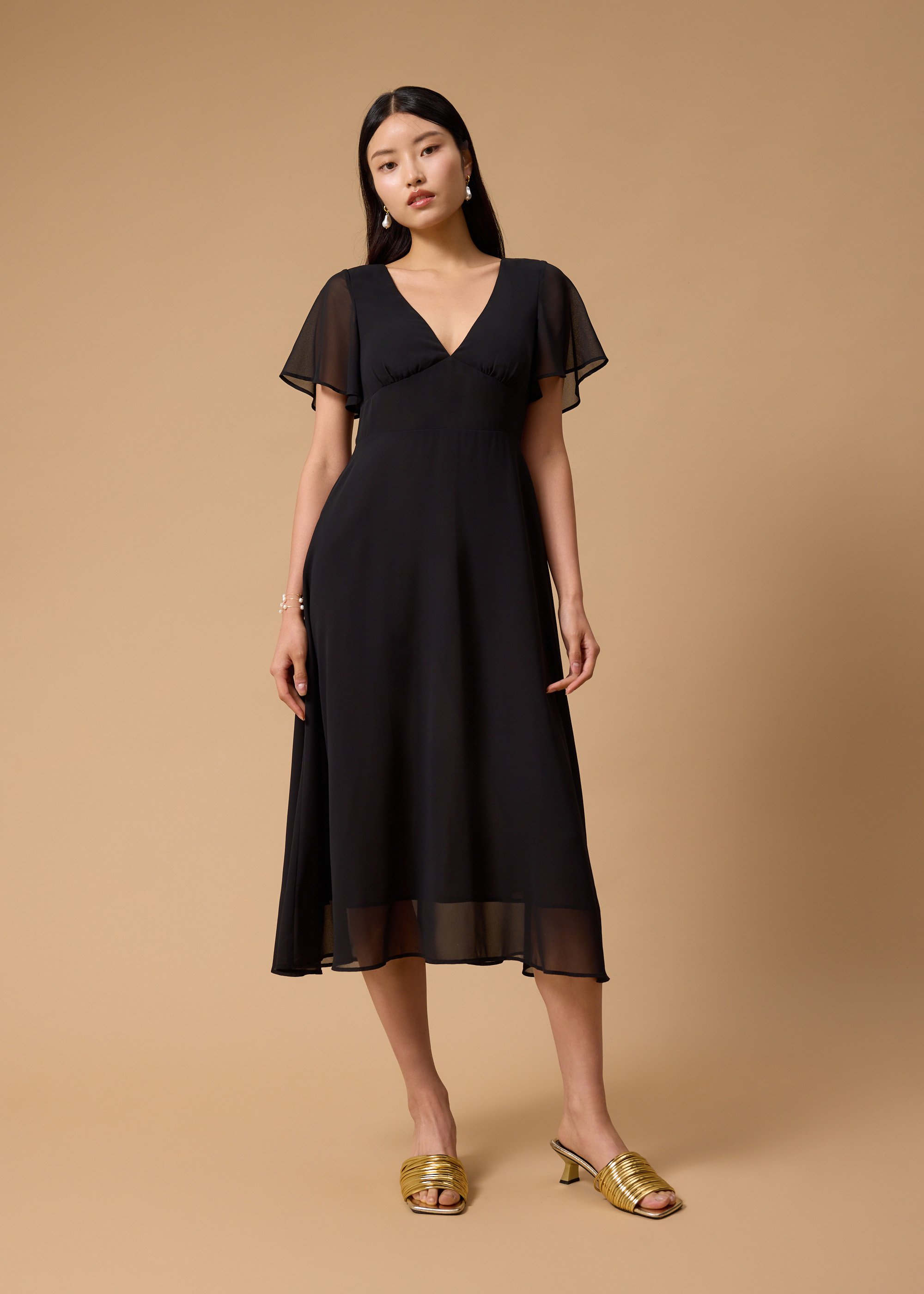 

Padded Georgette Flutter Sleeve Bias Cut Midi Dress Love, Bonito