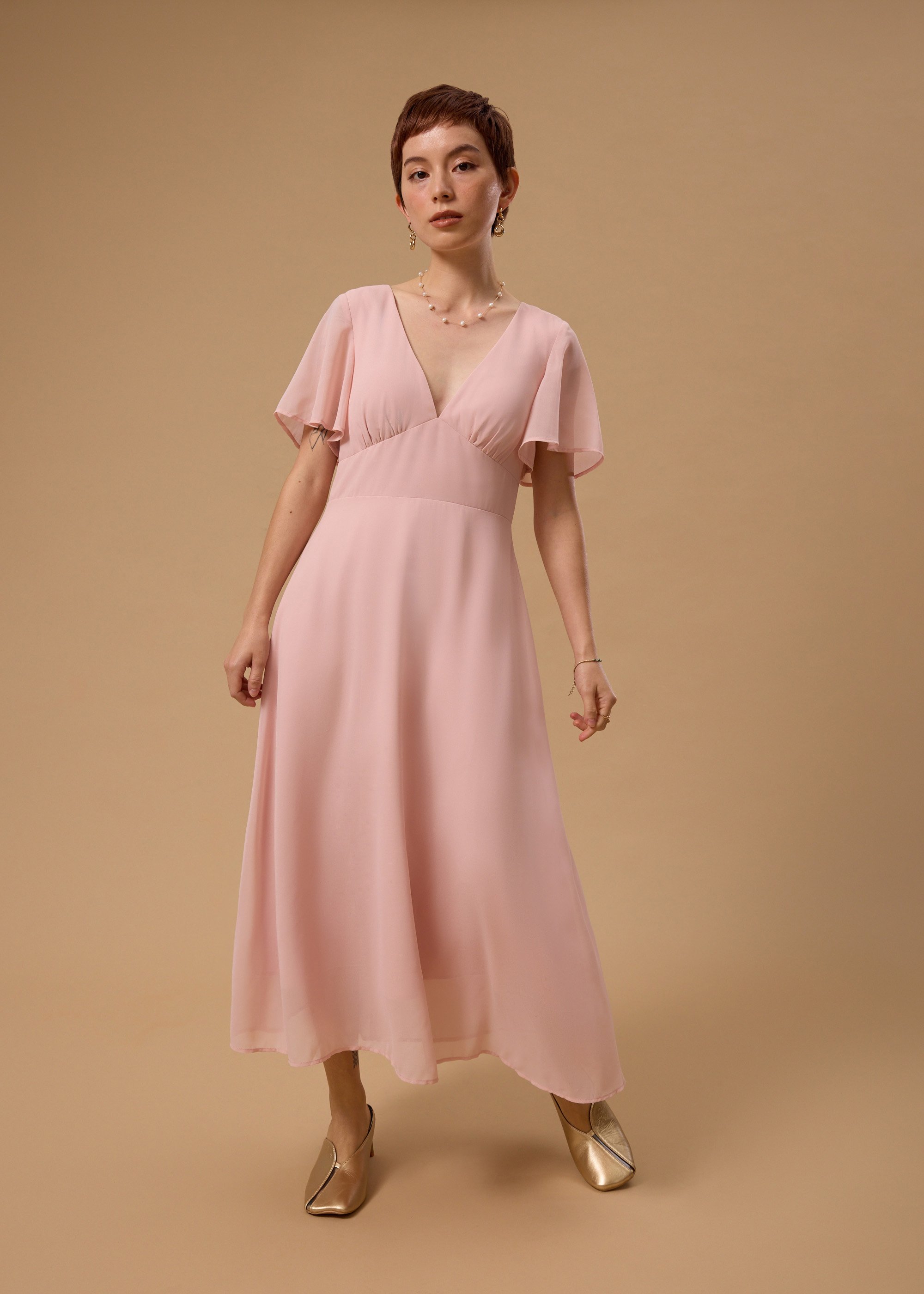 

Padded Georgette Flutter Sleeve Bias Cut Midi Dress Love, Bonito
