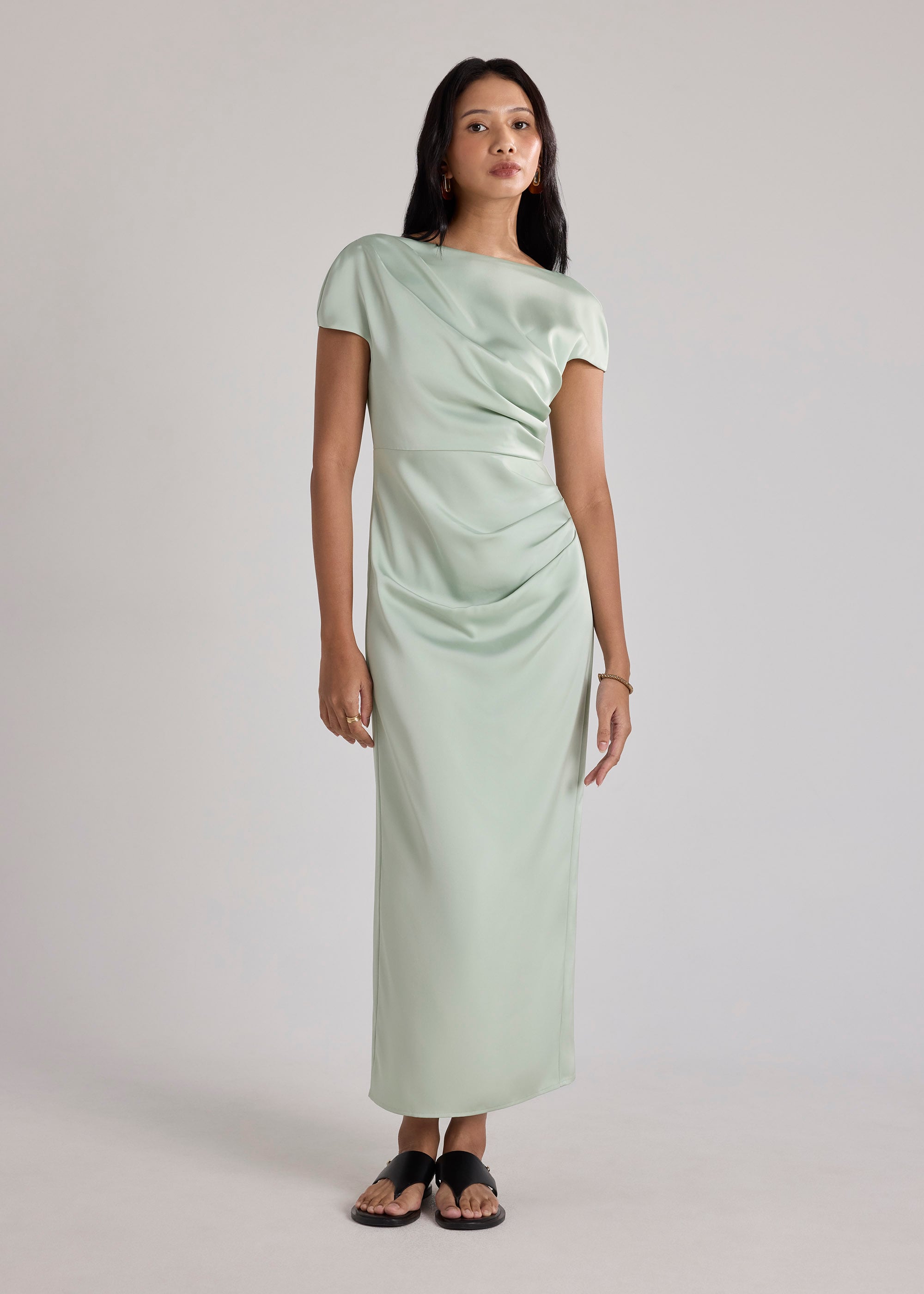 Satin Drape Boat Neck Dress Love, Bonito: retailer-supplied image