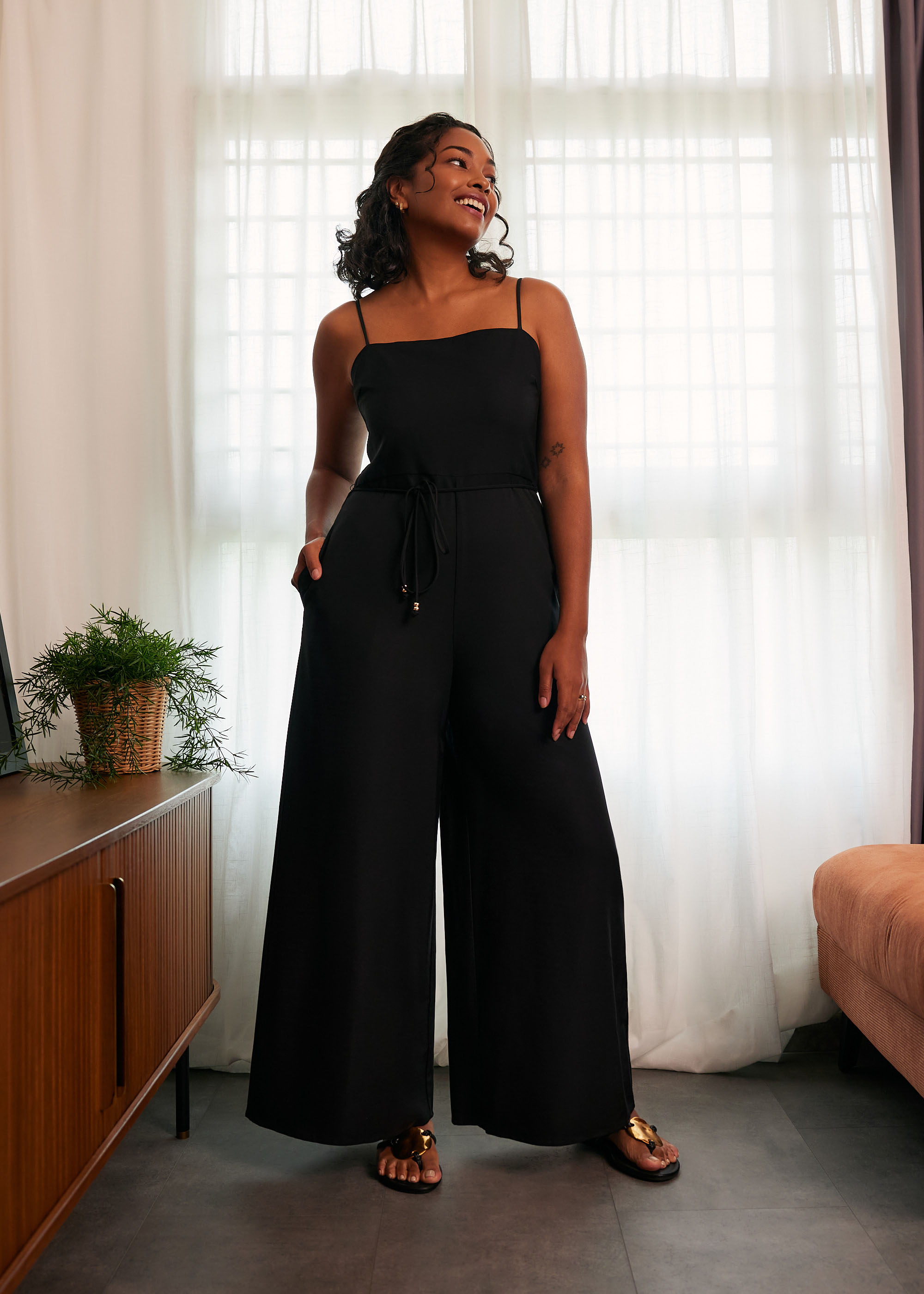 

Belted Straight Neck Wide Leg Jumpsuit-014-L