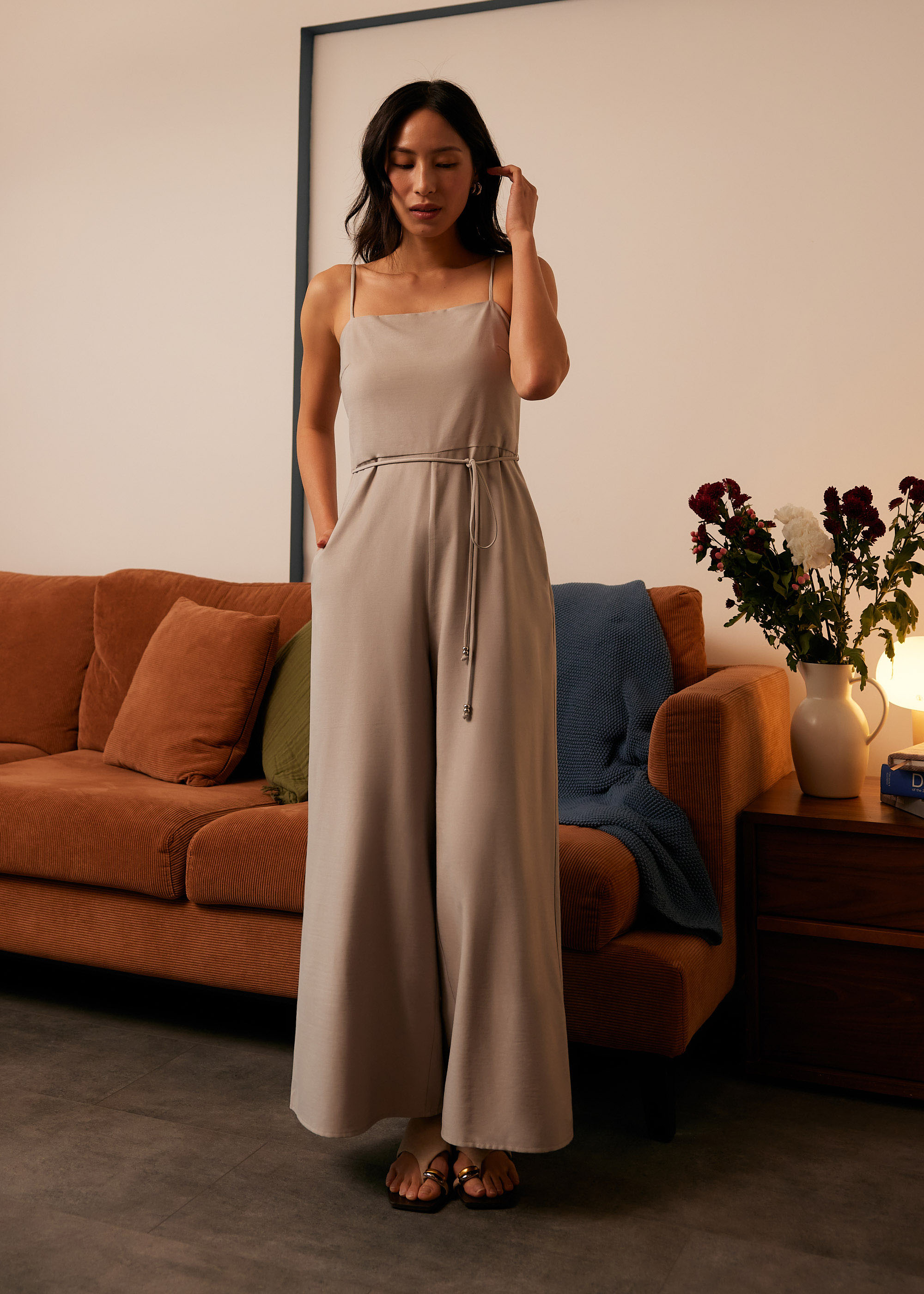 

Belted Straight Neck Wide Leg Jumpsuit-044-S