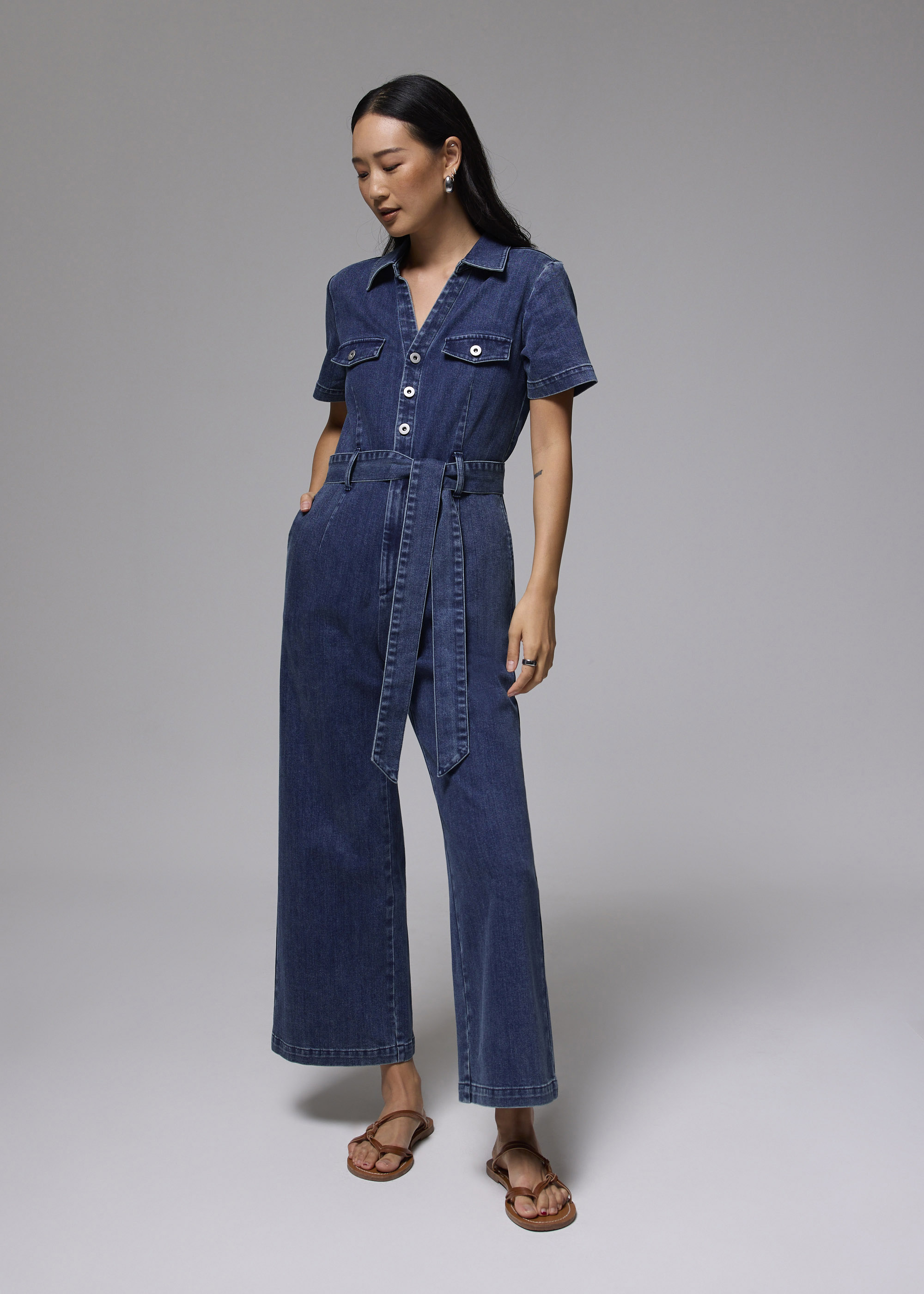 

Leggy™ Denim Collared Belted Jumpsuit-417-XL