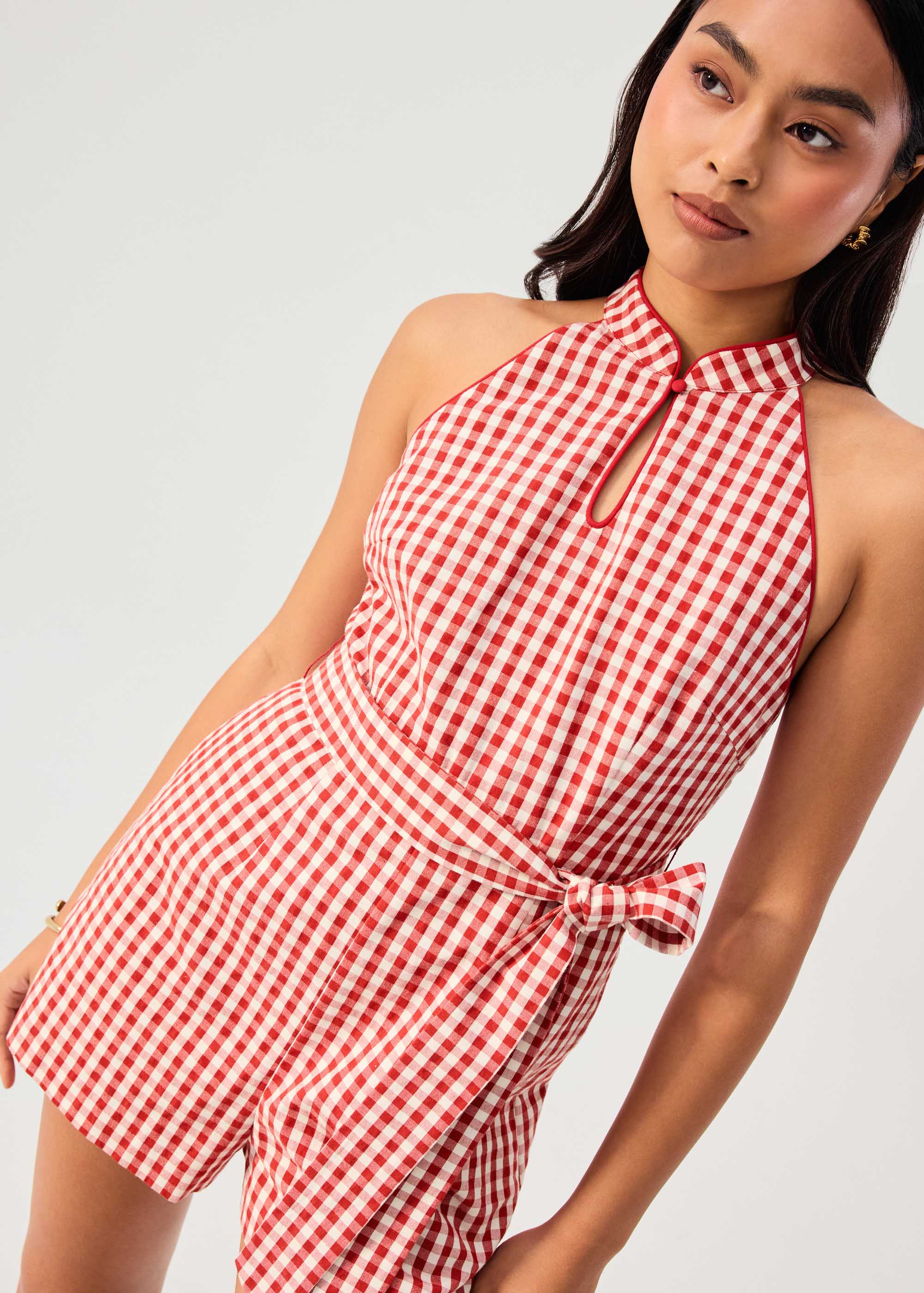 Gingham Cotton Mandarin Collar A-line Romper Love, Bonito