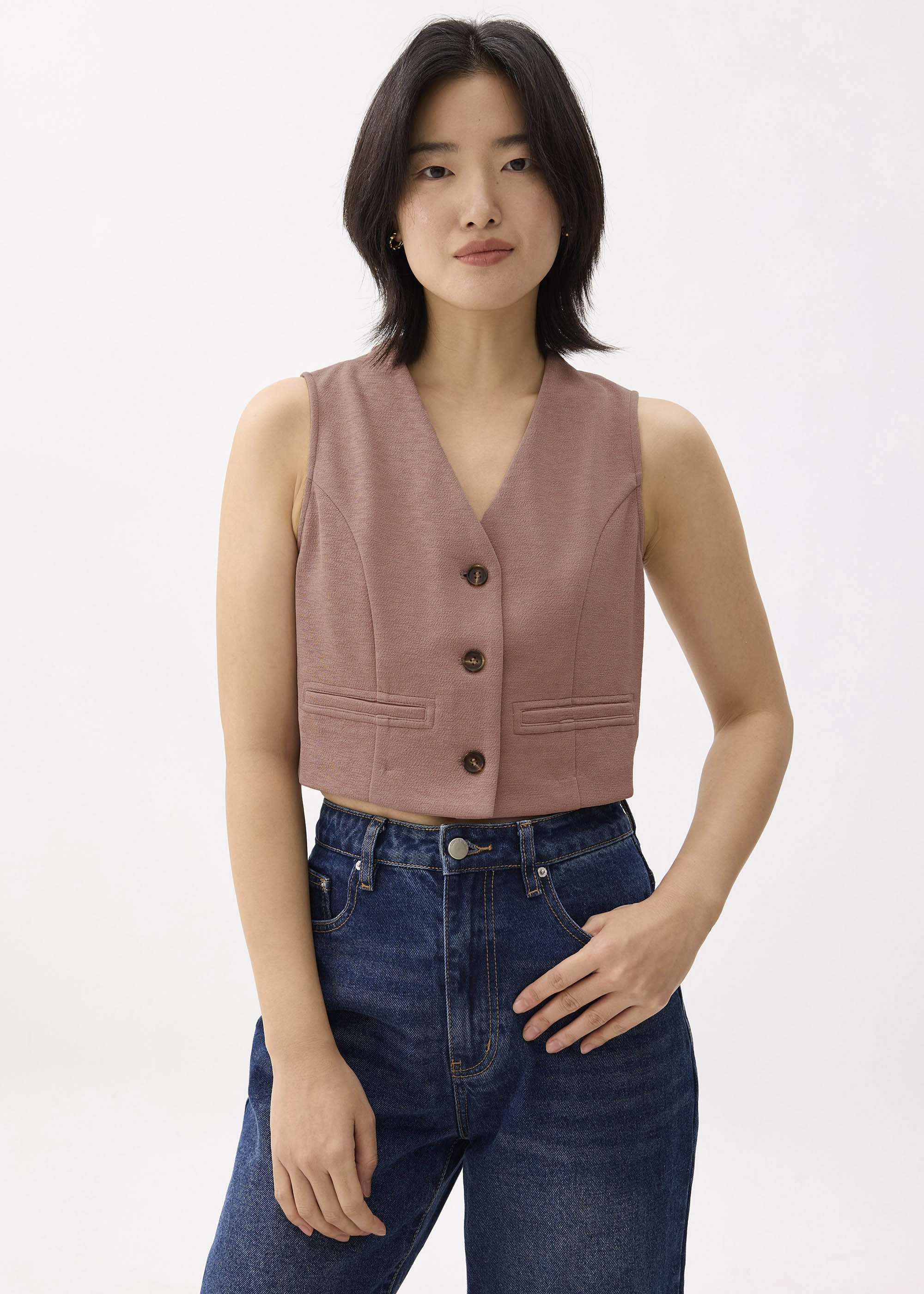 

Cropped V-neck Button Down Vest-076-XS