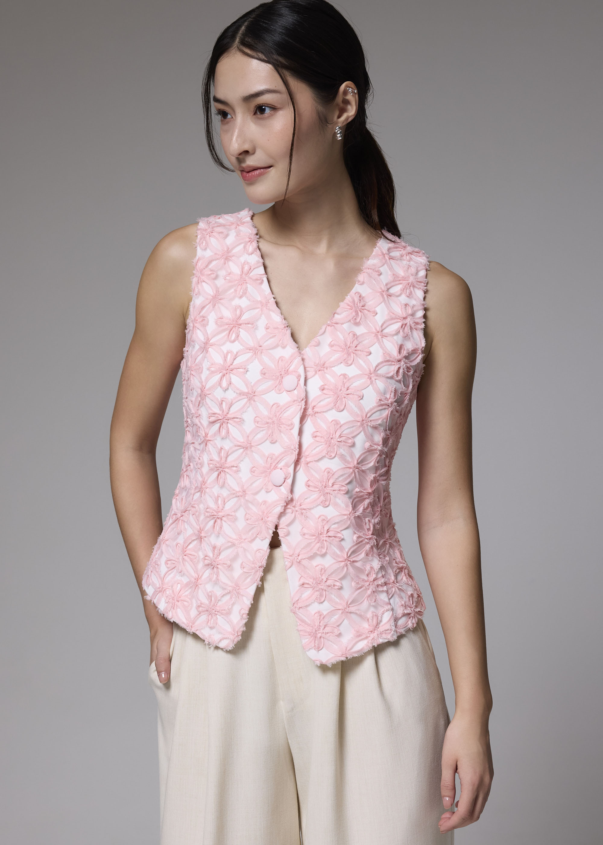 

Lace Contrast V-neck Vest-005-XS