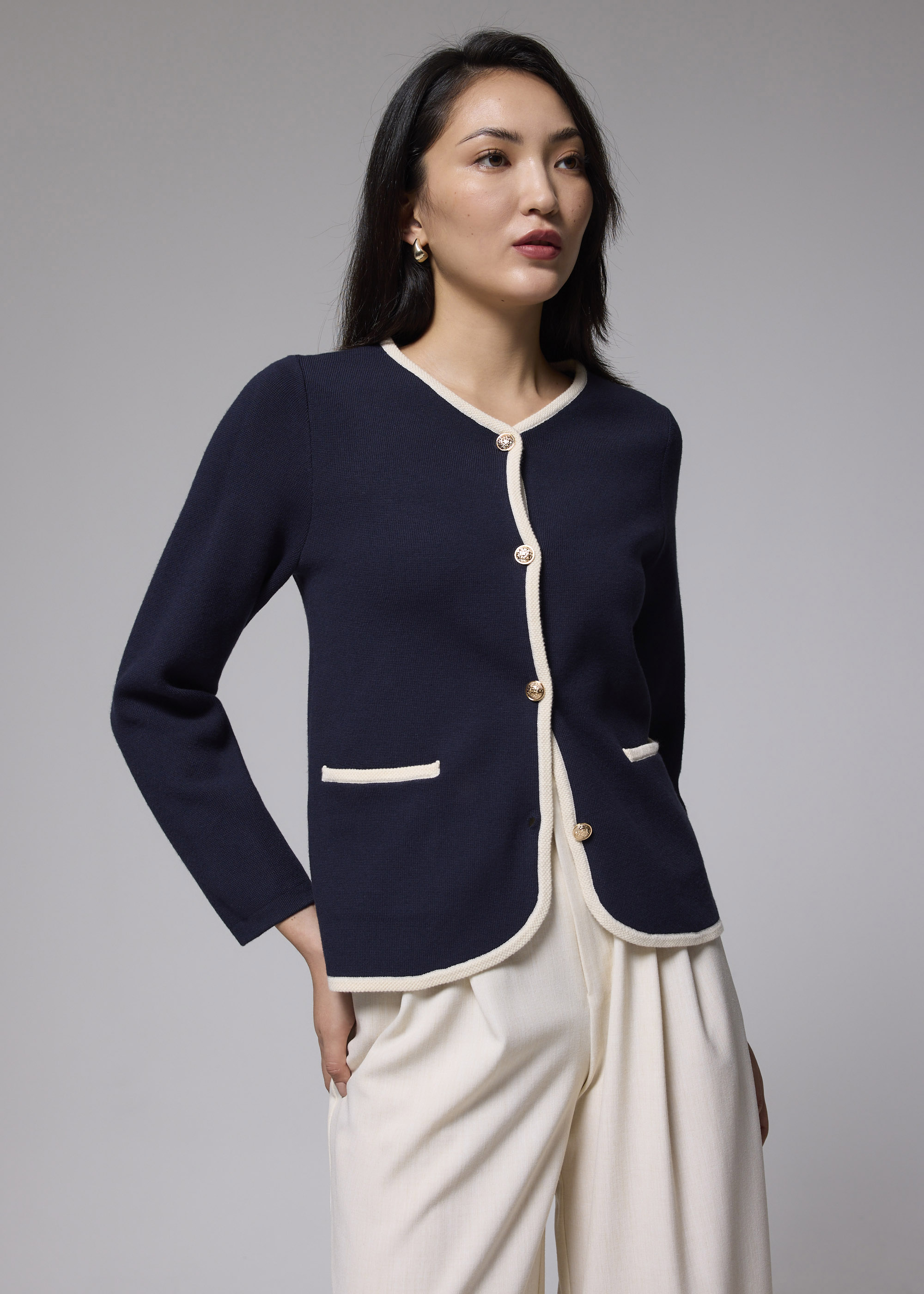 

Knit Contrast Trim V-neck Cardigan-052-M