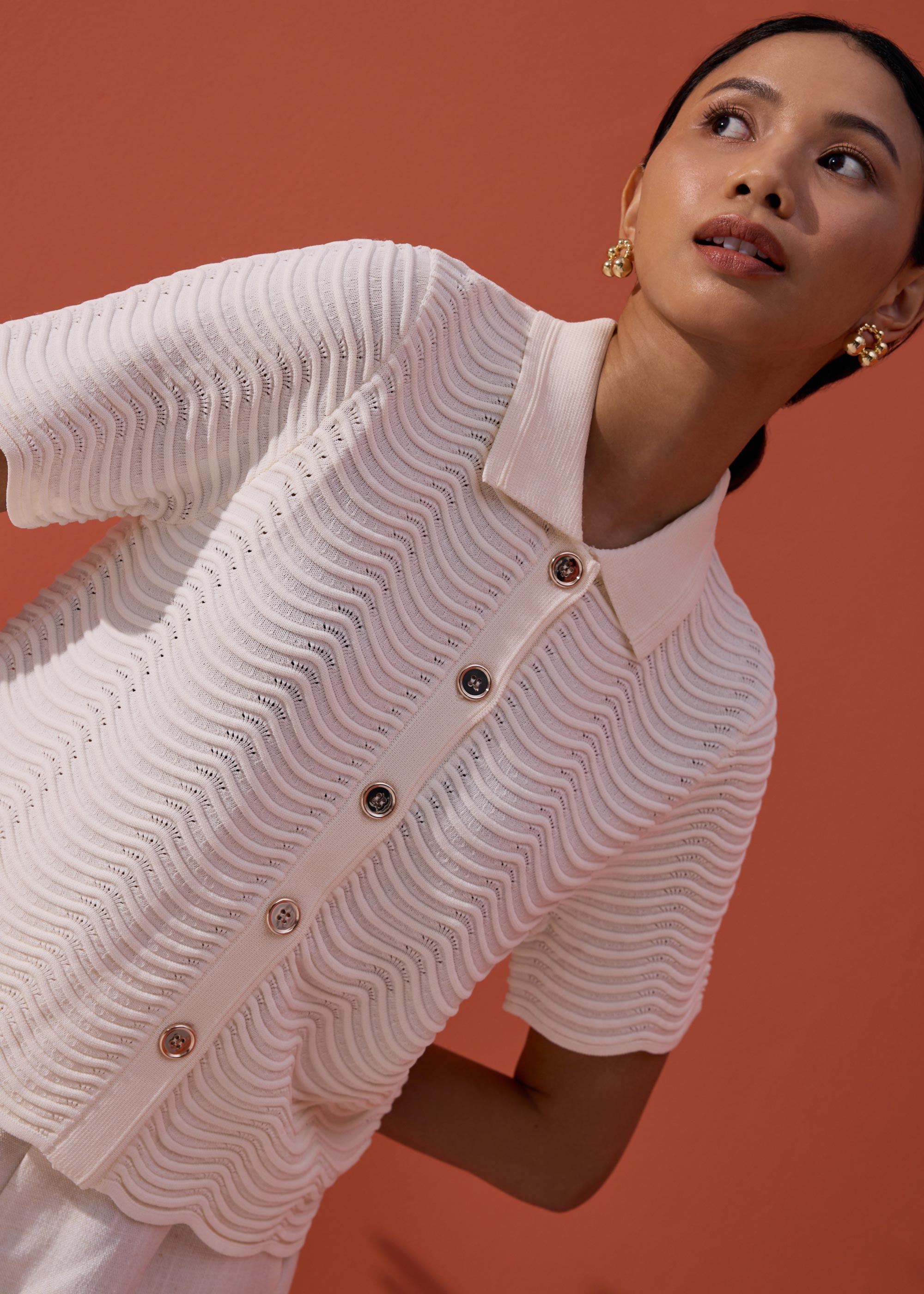 

Wavy Knit Collared Boxy Cardigan Love, Bonito