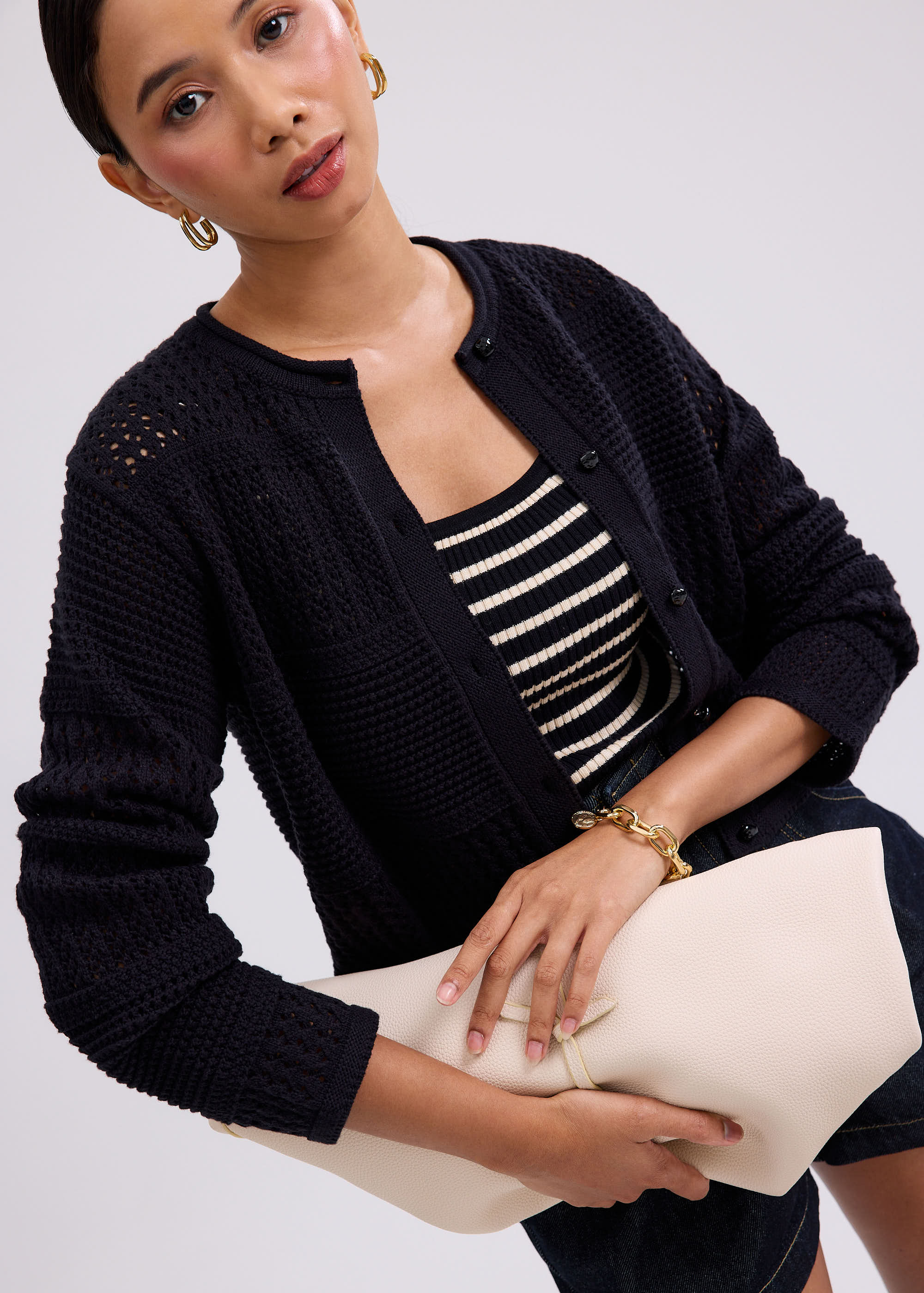 

Relaxed Pointelle Knit Round Neck Cardigan