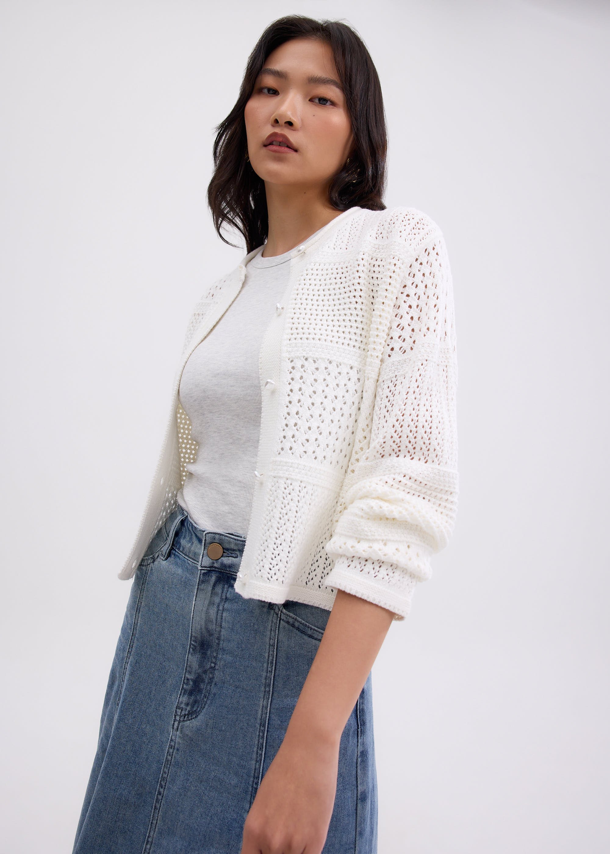 

Relaxed Pointelle Knit Round Neck Cardigan Love, Bonito