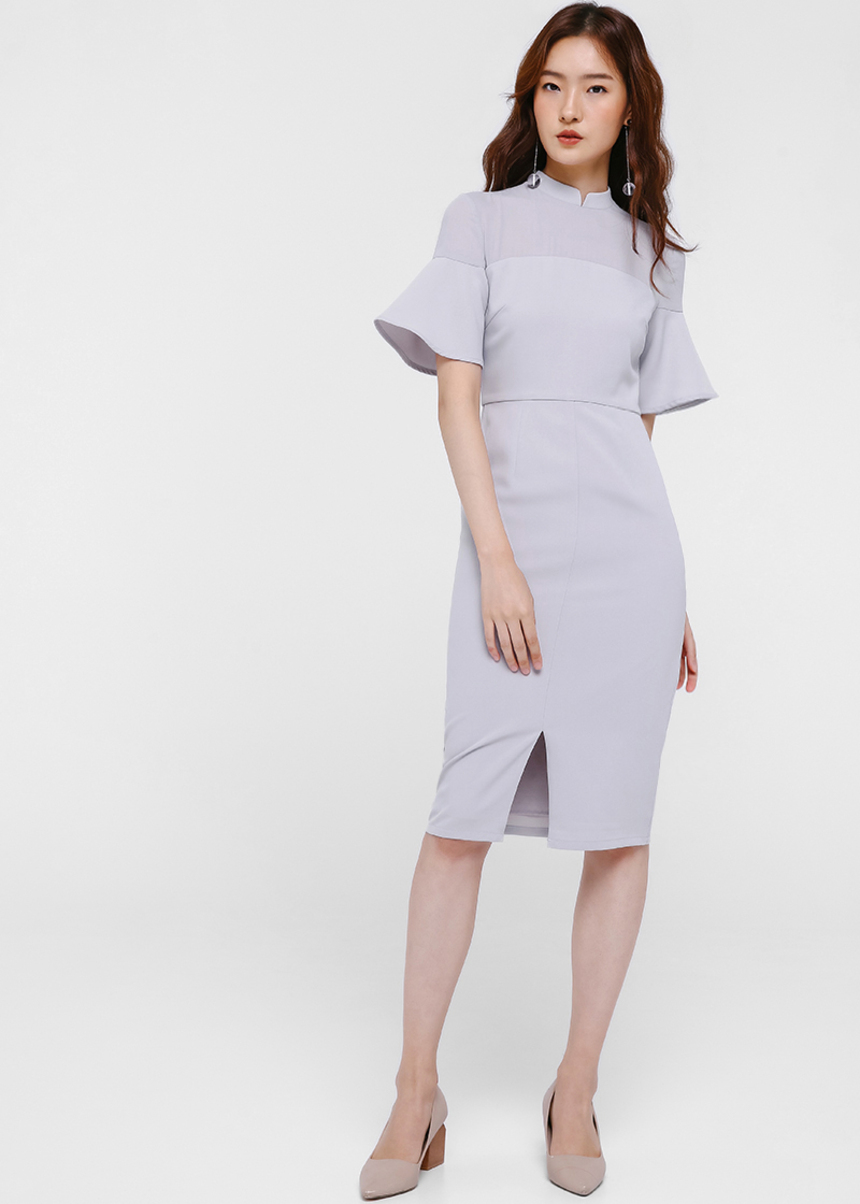 mandarin collar midi dress