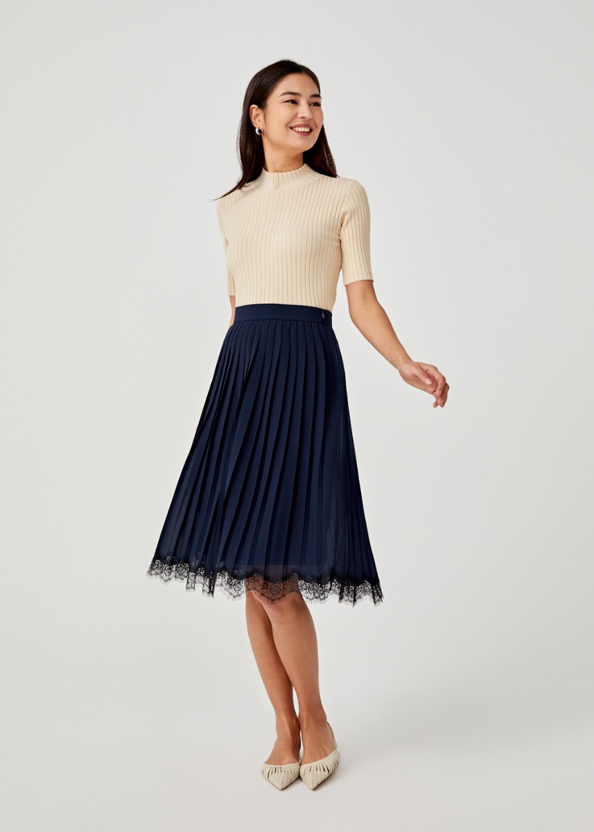 

Rebecca Lace Trim Pleated Midi Skirt-052-S