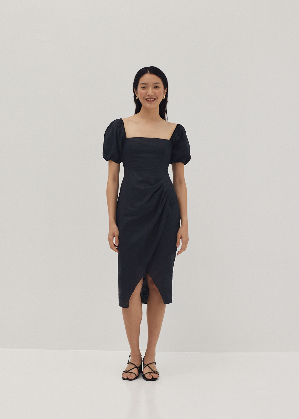 

Regina Linen Puff Sleeve Midi Dress-014-S