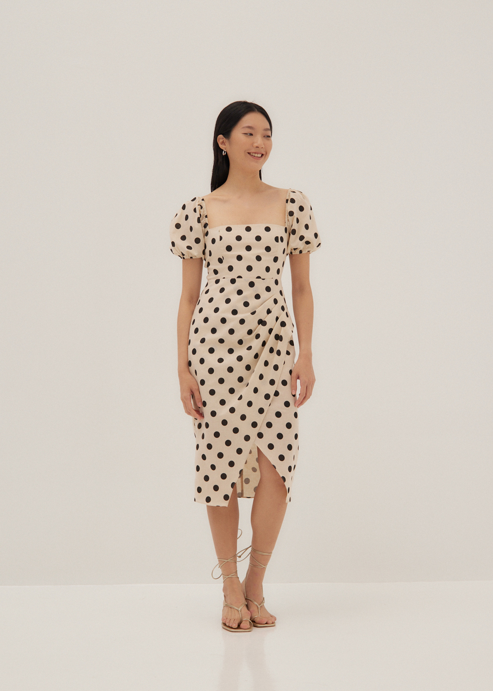 

Thylane Polka Dot Puff Sleeve Midi Dress-035-M