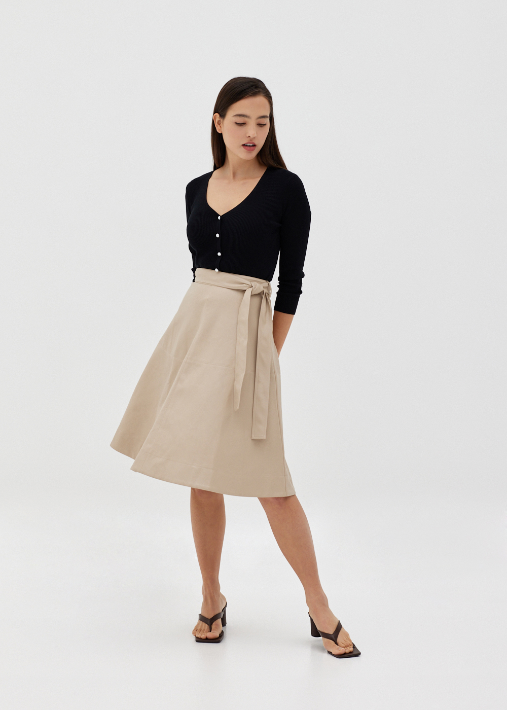 

Ozzie Sash Leather Flare Skirt-042-M