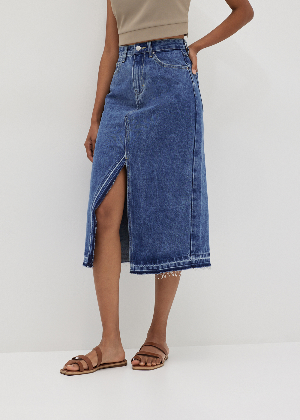 Front Slit Cotton Denim Skirt