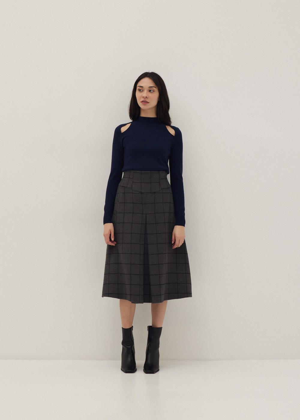 

Madelyn Windowpane Plaid Wool Blend Skirt-171-L