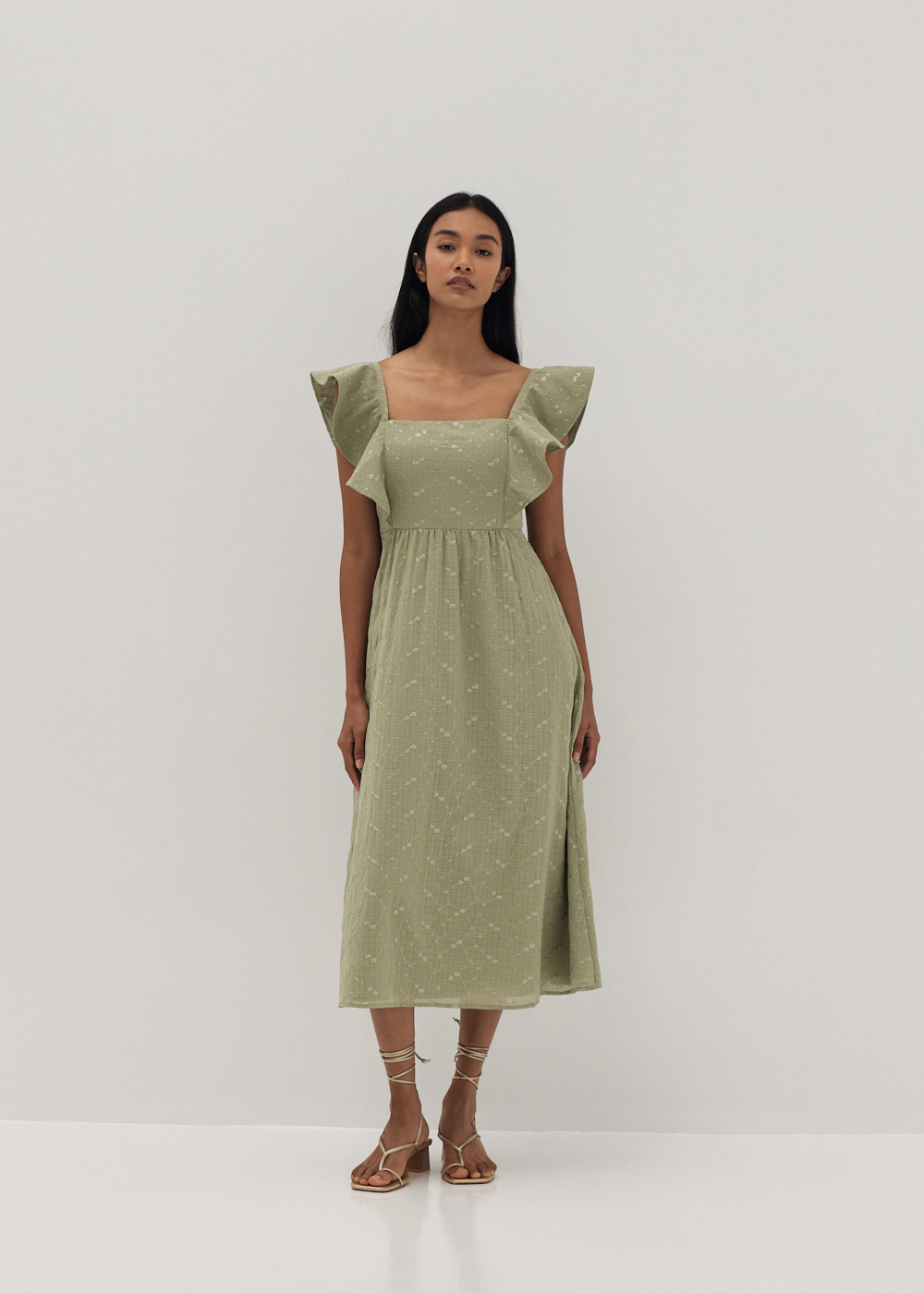 

Mae Padded Embroidered Ruffle Sleeve Dress-156-XS