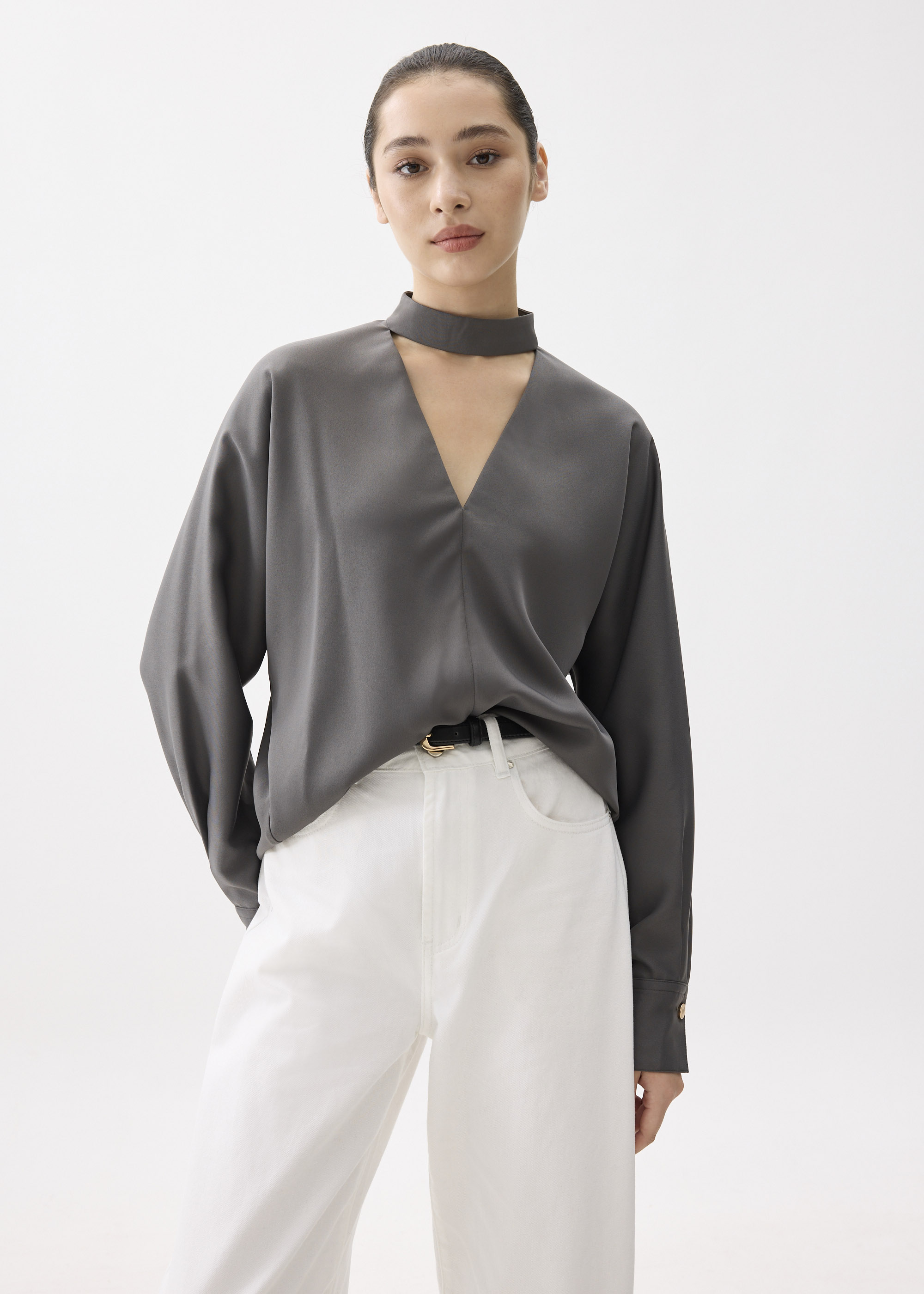 

Sally Satin V-neck Batwing Blouse-171-XS