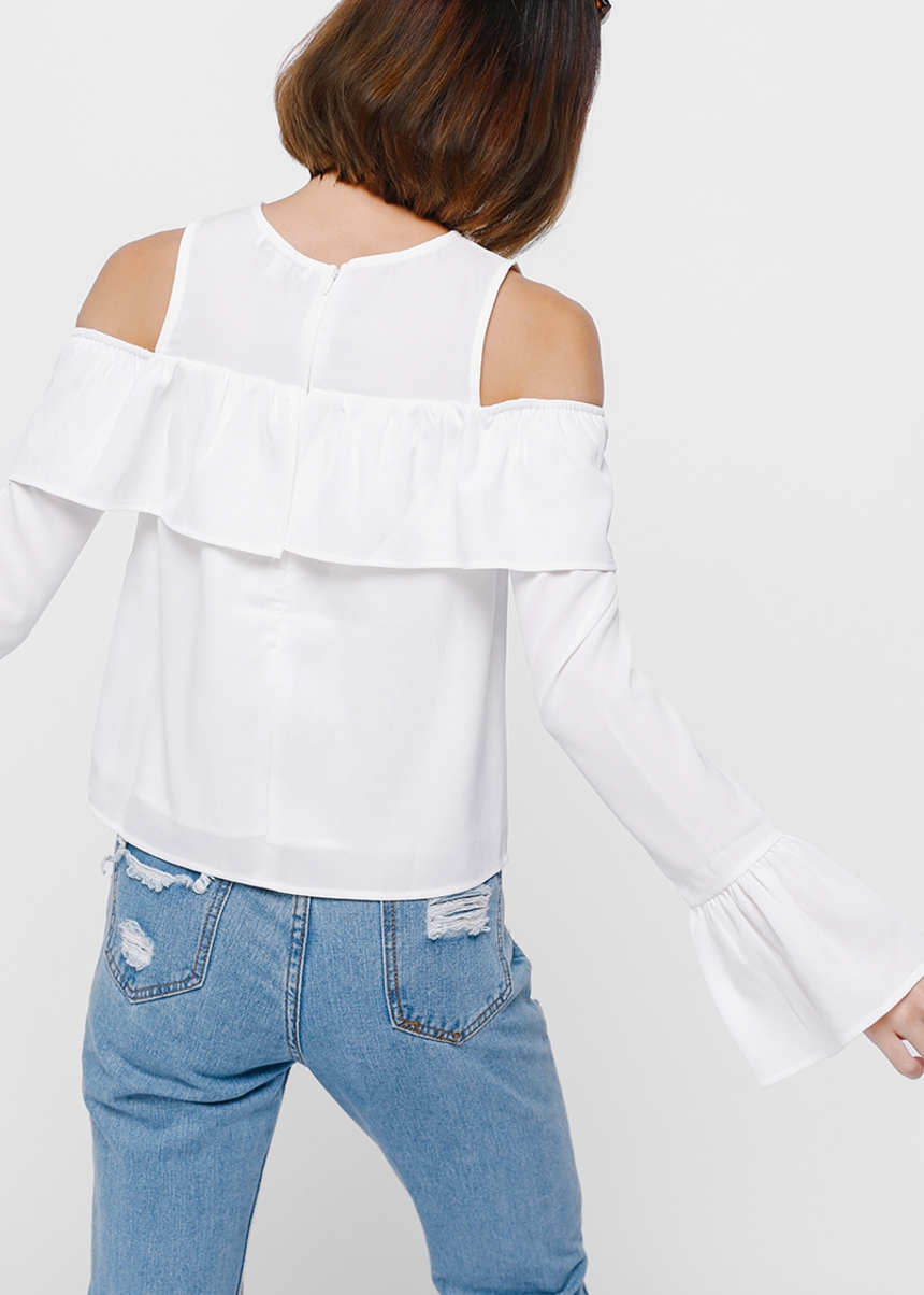 womens white ruffle sleeve top