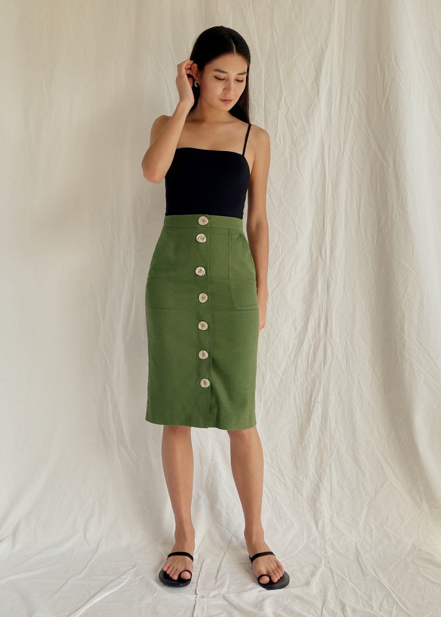 olive green button down skirt