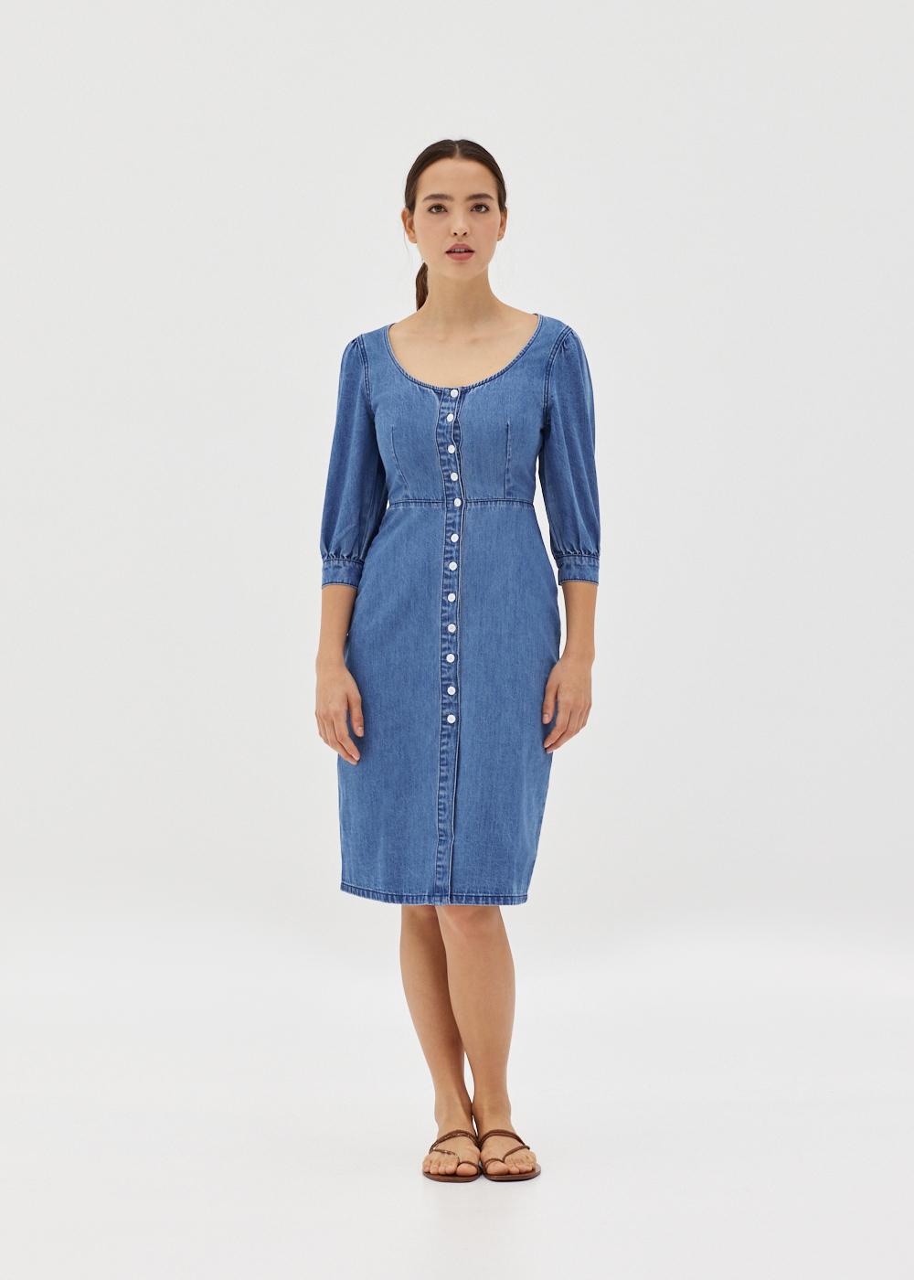 

Donna Denim Puff Sleeve Button Dress-417-M